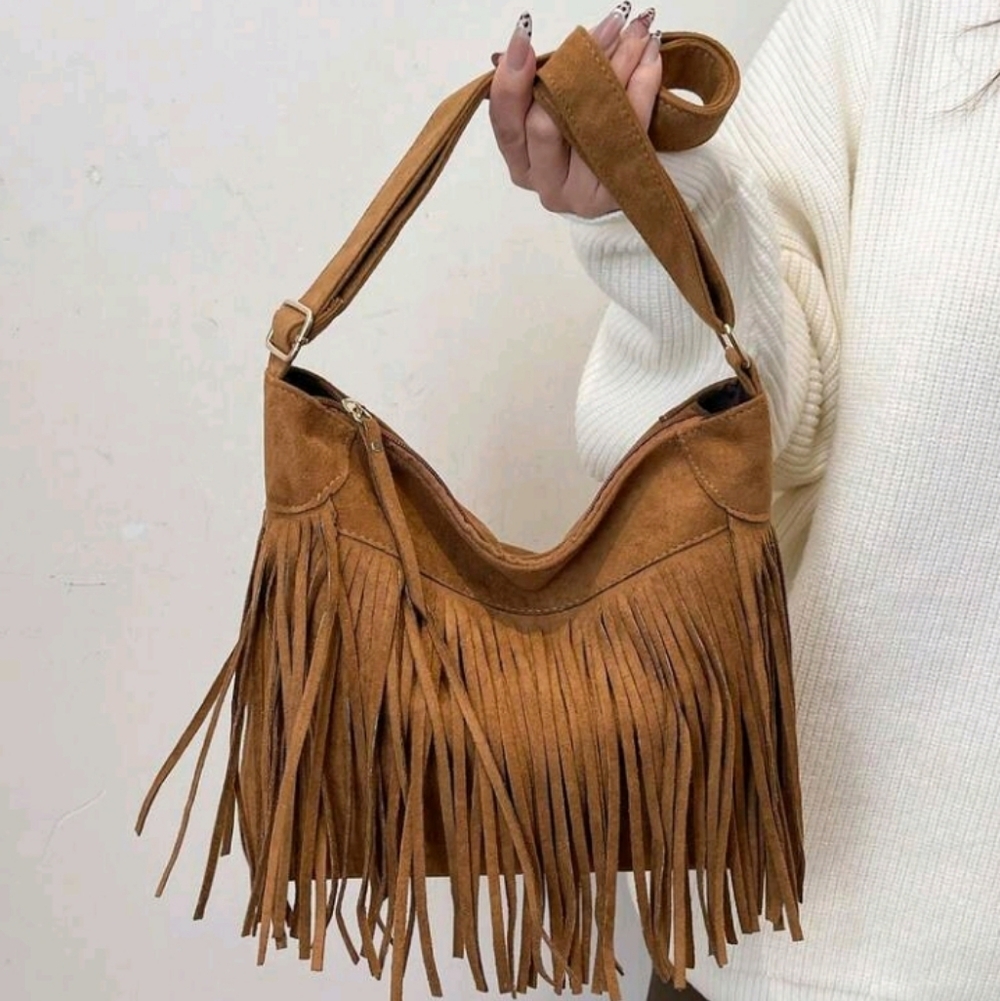 Boho Brown Tan Faux Suede Shoulder Bag Crossbody Bag With Tassels Fringes